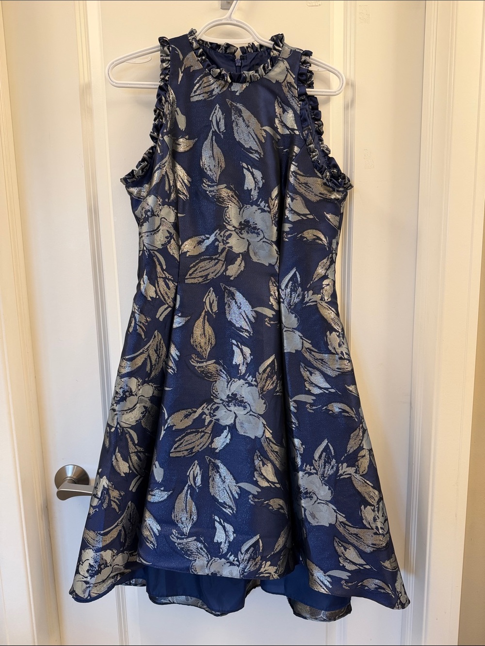 Adrianna Papell Navy and Silver Floral Ruffled Halter Dress